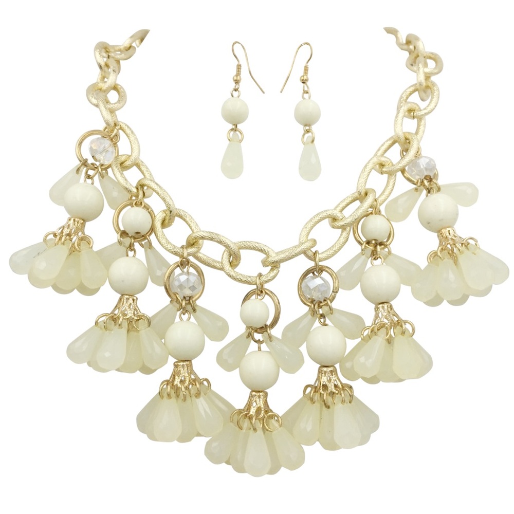 Ivory Cream Chunky Bead Cluster Gold Statement Necklace Earrings Set